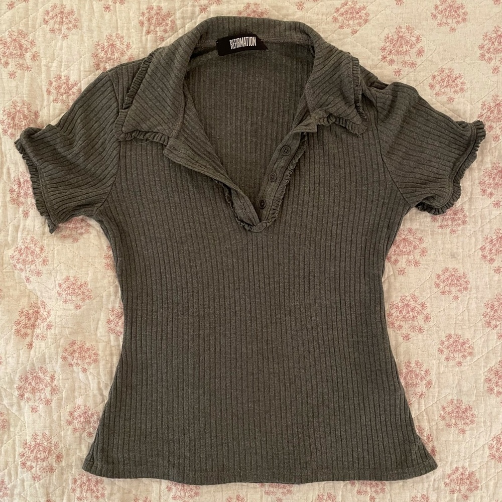 Reformation Olive Ribbed Polo Top
